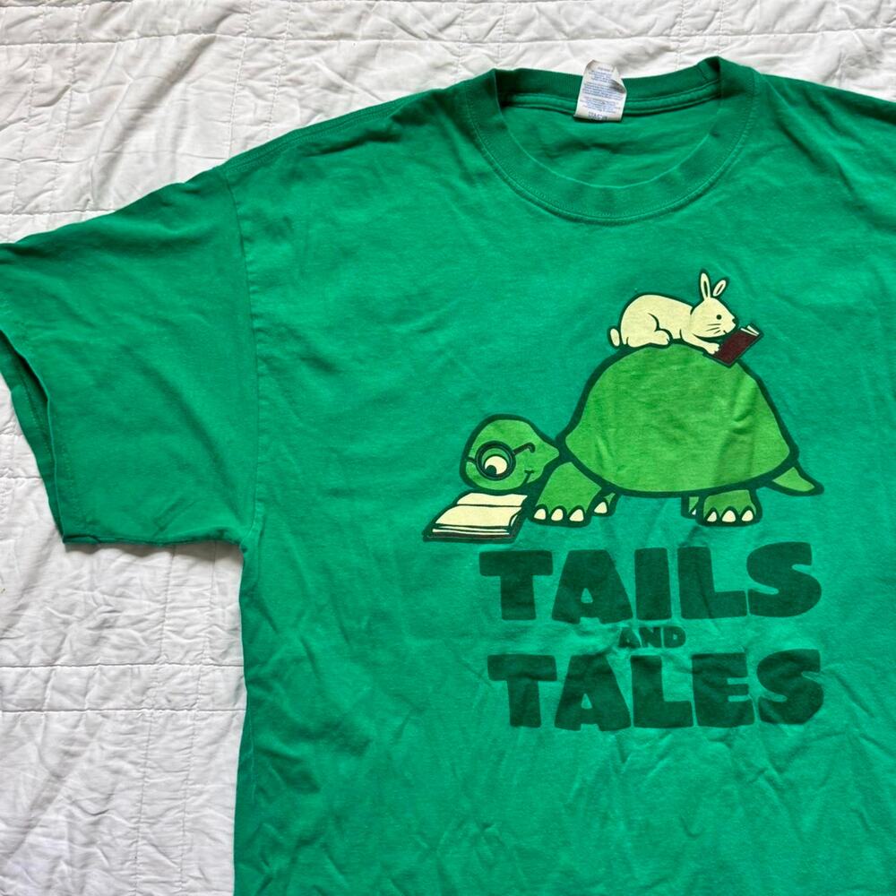summer Reading graphic short sleeve tee‎ tails and tales XL cotton green teacher